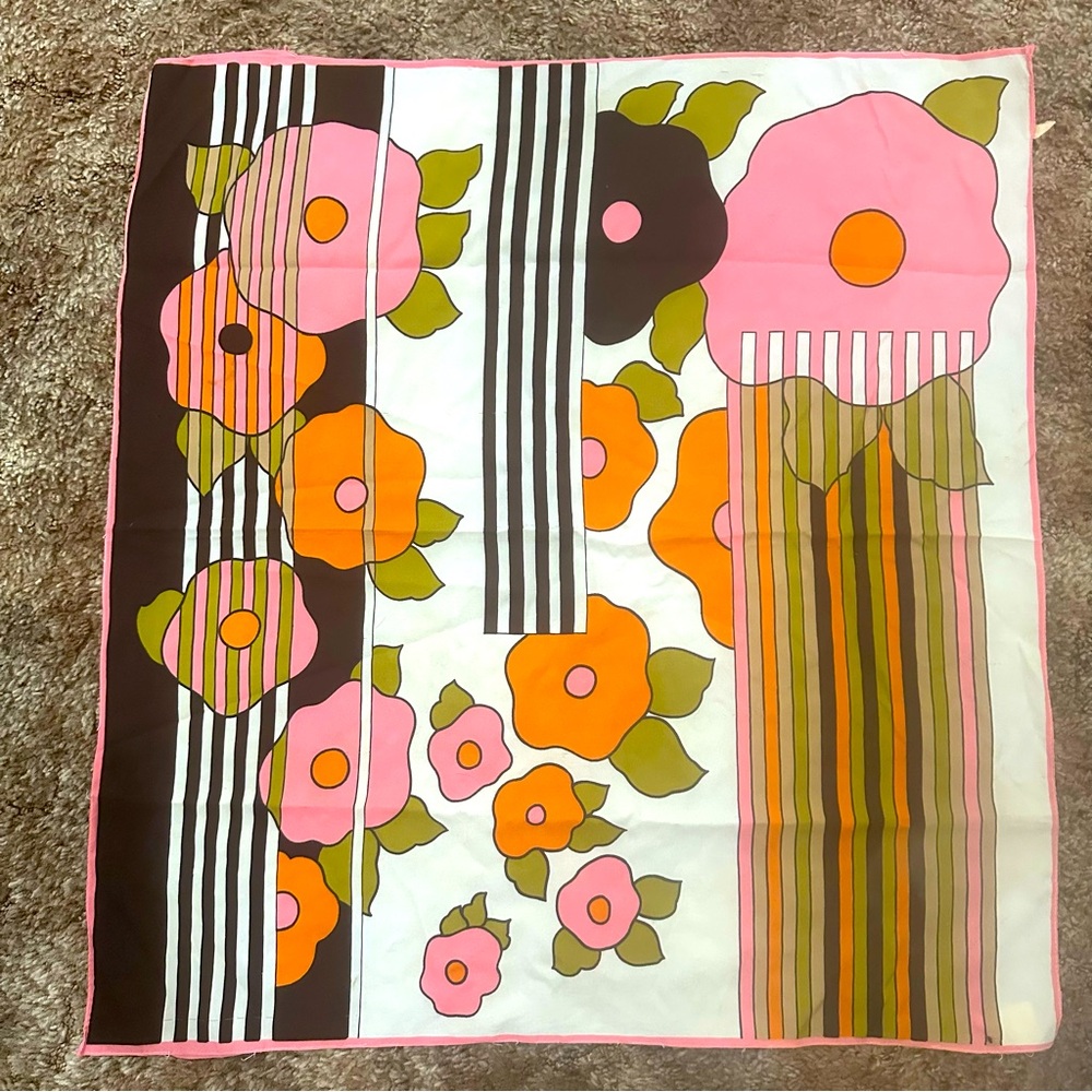 60s 70s Vintage Floral Scarf Made in France Mod Hippie Head Scarf Trippy Groovy